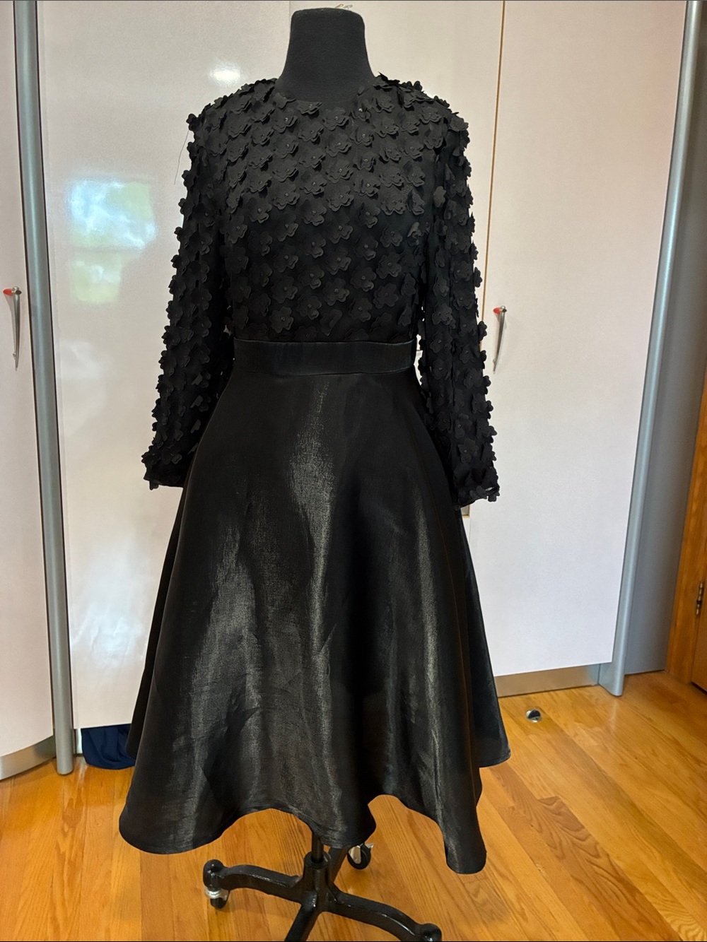 Black Long-Sleeve Textured Appliqué Fit & Flare Dress